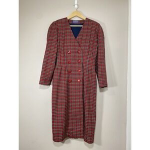 VTG Pendleton Virgin Wool Plaid Dress 38" Bust Red Tartan Double Breasted Midi